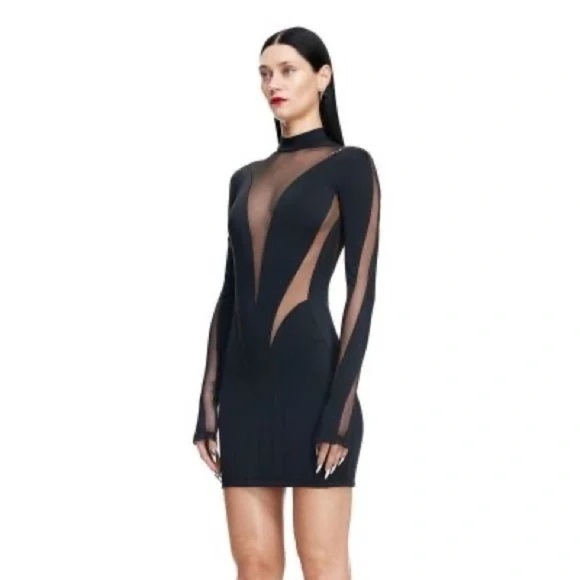Mugler x H&M viral black mesh panel long sleeve mini dress - XL NWOT - Picture 2 of 6